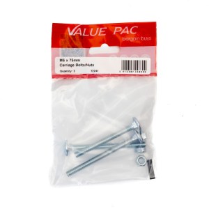 Value Pack® M6 x 75mm ZP Small Carriage Bolts & Nuts
