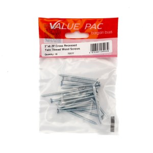 Value PackĀ® 2" x 6 ZP Cross Recessed Hardened Twin Thread Woodscrews with Countersunk Head 18Pk