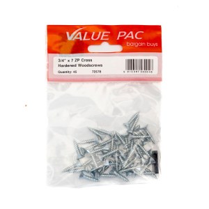 Value PackĀ® 3/4" x 7 ZP Cross Recessed Hardened Twin Thread Woodscrews with Countersunk Head 45Pk