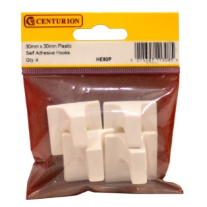CenturionĀ® 30mm x 30mm Plastic Self Adhesive Hooks (Pack of 4)