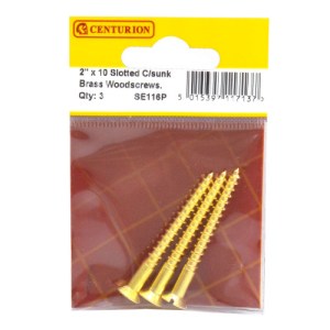 CenturionĀ® 2" x 10 SC Slotted Brass Woodscrews with Countersunk Head (Pack of 3)