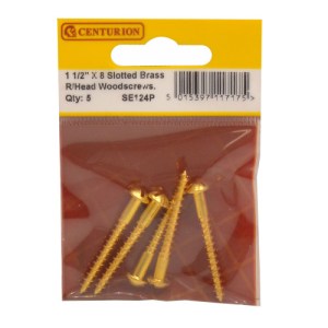 CenturionĀ® 1 1/2" x 8 SC Slotted Brass Round Head Woodscrews (Pack of 5)