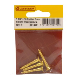 CenturionĀ® 1 1/4" x 10 SC Slotted Brass Woodscrews with Countersunk Head (Pack of 4)