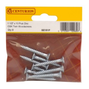 CenturionĀ® 1 1/2" x 10 ZP Cross Recessed Hardened Twin Thread Woodscrews with Countersunk Head (Pack of 9)