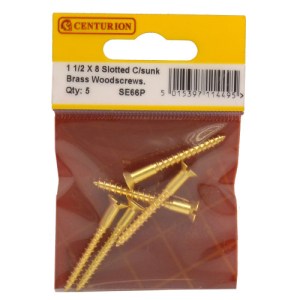 CenturionĀ® 1 1/2" x 8 SC Slotted Brass Woodscrews with Countersunk Head (Pack of 5)