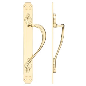 FULTON & BRAY Cast Brass Pull Handle with Art Nouveau Backplate - Right Handed - 377 x 42mm Polished Brass
