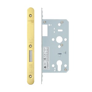 VIER DOOR HARDWARE Din Euro Deadlock- Backset 55mm - 2 Pc Forend - Radius - PVDG - Polished Brass Effect
