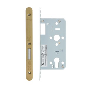 VIER DOOR HARDWARE Din Euro Deadlock- Backset 55mm - 2 Pc Forend - Radius - PVDSB- Satin Brass Effect