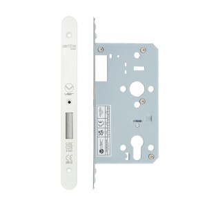 VIER DOOR HARDWARE Din Euro Deadlock- Backset 60mm - 2 Pc Forend - Radius - PCW - Powder Coated White