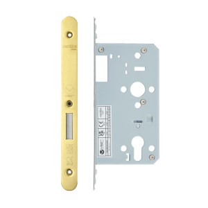 VIER DOOR HARDWARE Din Euro Deadlock- Backset 60mm - 2 Pc Forend - Radius - PVDG - Polished Brass Effect