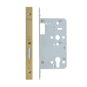 VIER DOOR HARDWARE Din Euro Deadlock- Backset 60mm - 2 Pc Forend - Square - PVDSB - Single Throw PVD Satin Brass