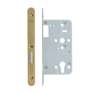 VIER DOOR HARDWARE Din Euro Deadlock- Backset 60mm - 2 Pc Forend - Radius - PVDSB- Single Throw PVD Satin Brass
