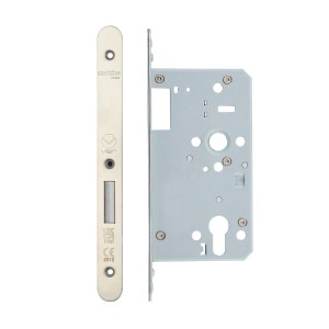 VIER DOOR HARDWARE Din Euro Deadlock- Backset 60mm - 2 Pc Forend - Radius - SSS - Single Throw Satin Stainless