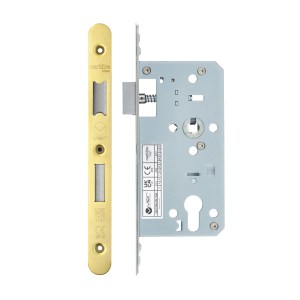 VIER DOOR HARDWARE Din Euro Sashlock- Backset 55mm - 2 Pc Forend - Radius - PVDG - Polished Brass Effect