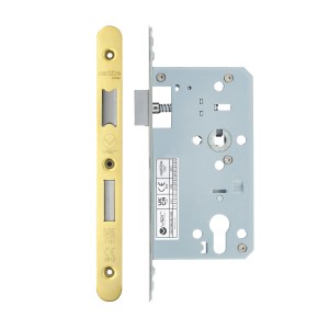 VIER DOOR HARDWARE Din Euro Sashlock- Backset 60mm - 2 Pc Forend - Radius - PVDG - Polished Brass Effect