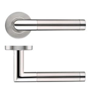 ZOO DOOR HARDWARE 19mm Mitred Dual Finish Lever - Push On Rose - 52mm Dia - Grade 201 Satin Stainless/Polished Stainless