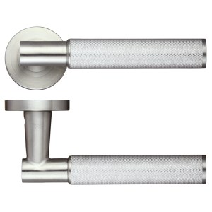 ZOO DOOR HARDWARE Athena Lever on Round Rose Satin Stainless