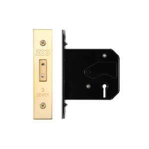 ZOO LOCKS & LATCHES 3 Lever Replacement Dead Lock - 76mm c/w PVD Forend and Strike Brass Finish / Anti Tarnish